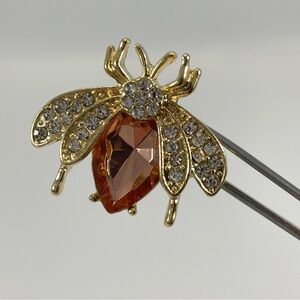 Gold Tone Champagne Rhinestone Beatle Bug Brooch Pin Dainty Vintage Look Classic